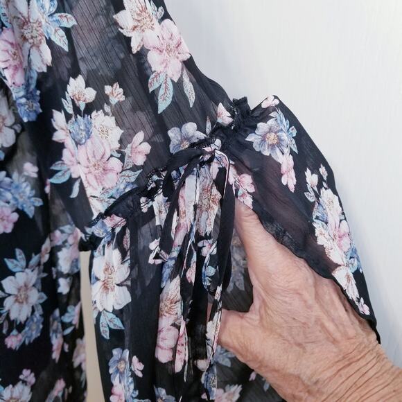 Band Of Gypsies Long Kimono Black Multicolor Floral Ruffle Sleeve Side Slit Sz S - Picture 4 of 11